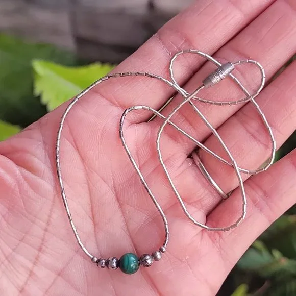 Vintage Native American handmade sterling balls, malachite ball, liquid silver h - Picture 1 of 14